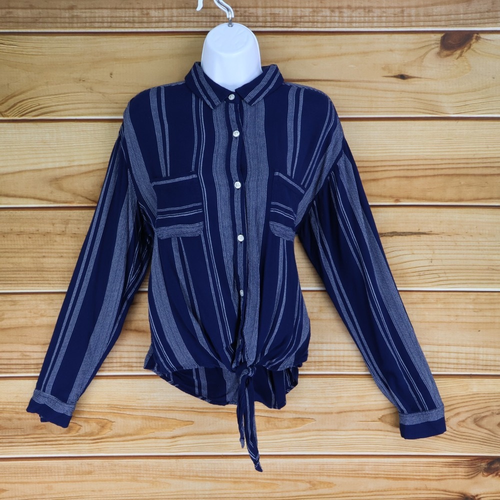 SO Long Sleeve Button Up Shirt Womens Size L Dark Blue Striped Tie Front Pockets